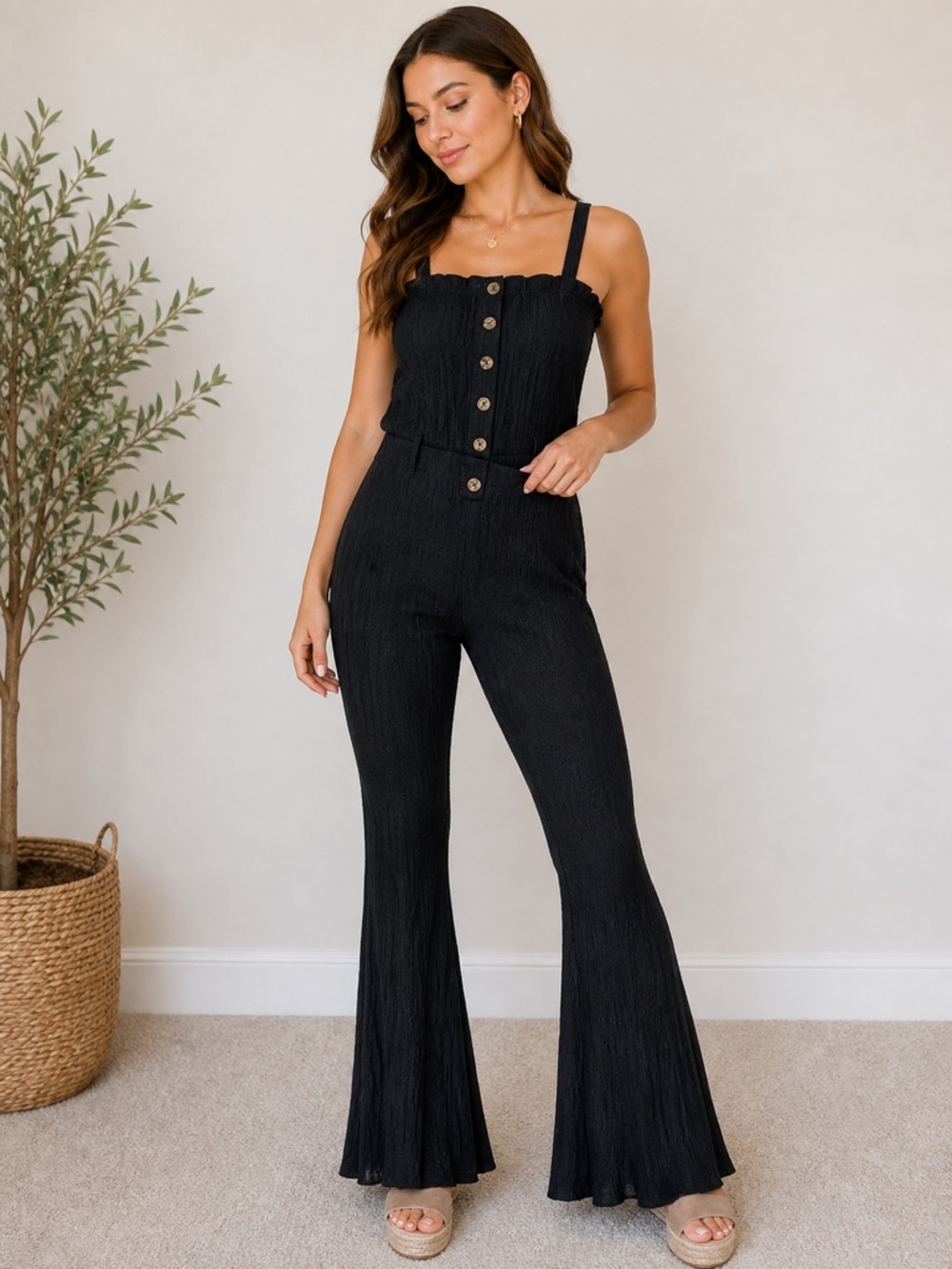 Black Button Front Jumpsuit Textured Wide Leg Sleeveless Boho Romper
